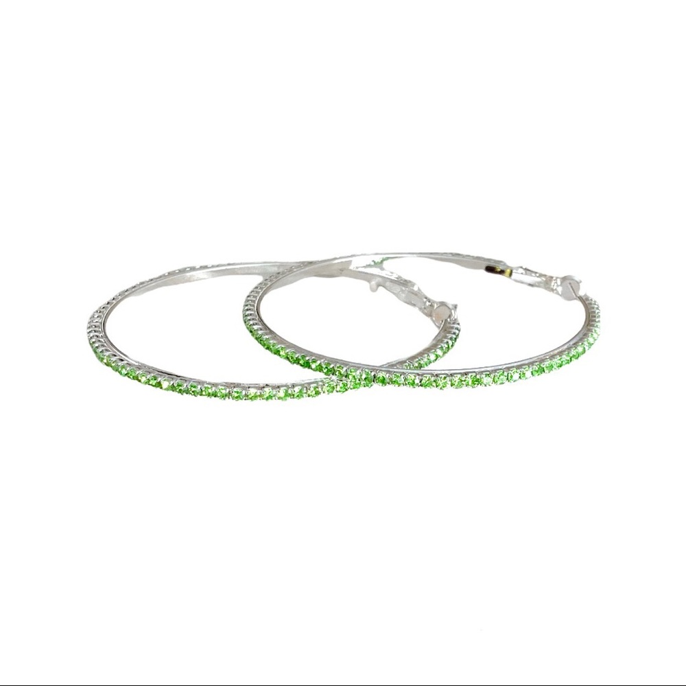 🆕 Beautiful White 14k GP Large Thin Lt Green CZ Hoop Earrings NWT